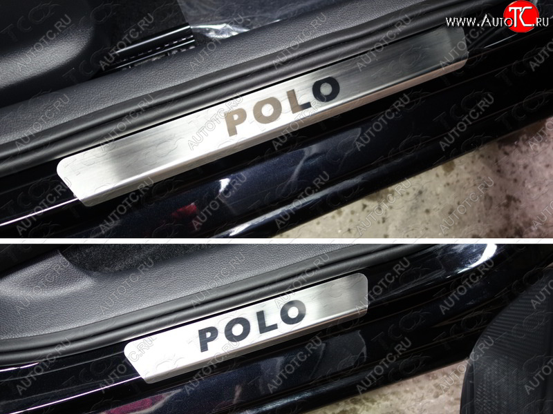 3 999 р.  Накладки на пороги, ТСС Тюнинг  Volkswagen Polo  5 (2015-2020) седан рестайлинг, хэтчбек рестайлинг (лист шлифованный надпись Polo)  с доставкой в г. Майкоп
