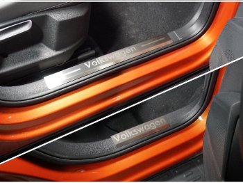 Накладки на пластиковые пороги, ТСС Тюнинг Volkswagen Taos (2020-2022) (лист шлифованный надпись Volkswagen)