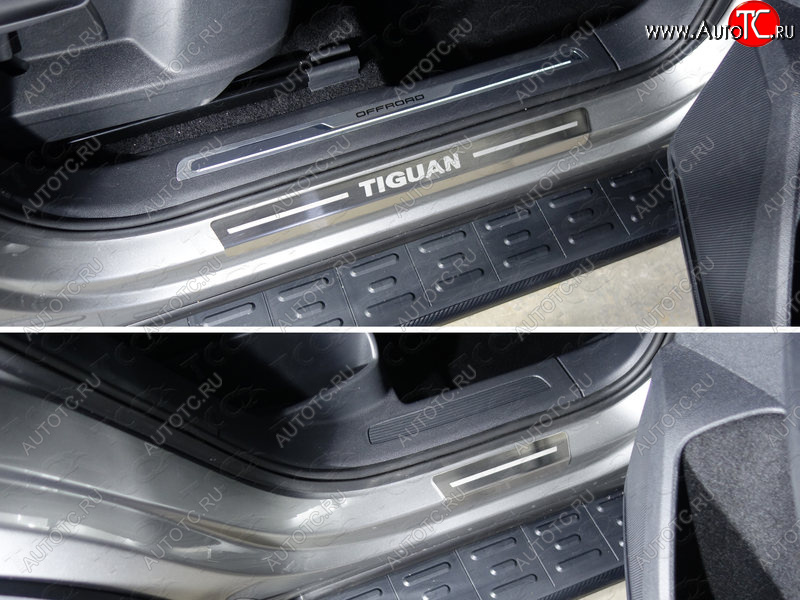 3 999 р. Накладки на пороги внешние, ТСС Тюнинг  Volkswagen Tiguan  Mk2 (2016-2022) дорестайлинг, рестайлинг (лист шлифованный надписьTiguan)  с доставкой в г. Майкоп