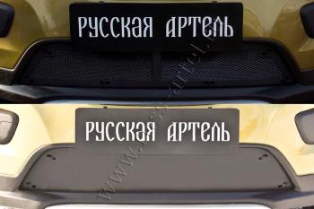 Защитная сетка и зимняя заглушка решетки переднего бампера Русская Артель Renault Sandero Stepway (B8) дорестайлинг (2014-2018) (шагрень)