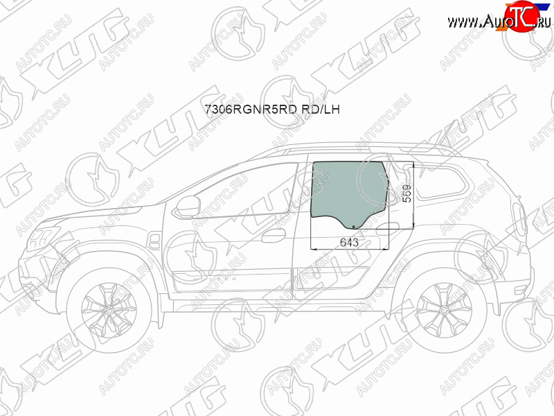 2 599 р. Стекло боковое опускное (Сзади Слева Цвет зеленый) Renault Duster 21-  Dacia Duster 17- XYG 7306LGNR5RD RD/LH  с доставкой в г. Майкоп