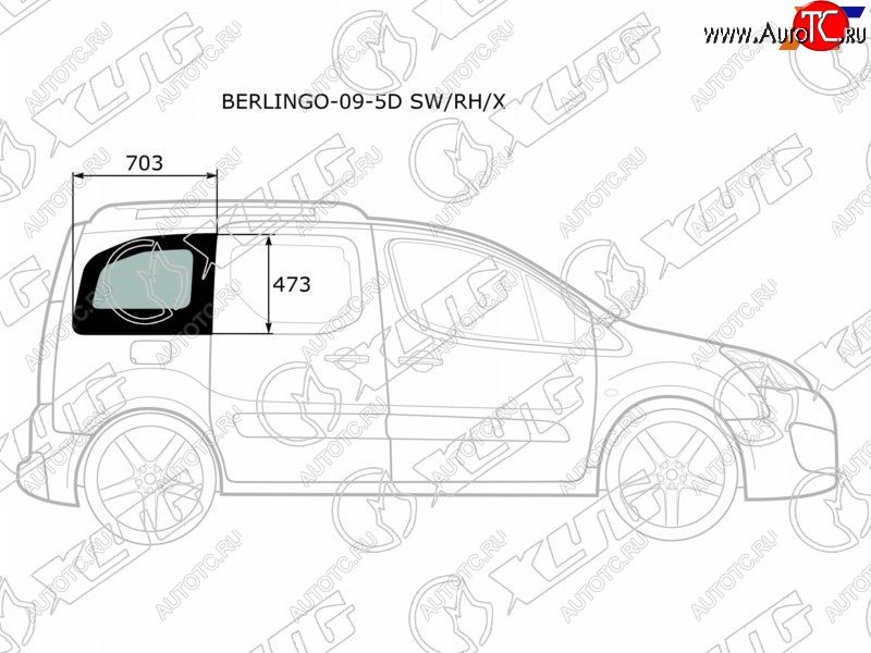 2 349 р. Стекло кузова боковое (не опускное) (Справа Цвет зеленый) Citroen Berlingo 08-22  Peugeot Partner XYG BERLINGO-09-5D SW/RH/X  с доставкой в г. Майкоп