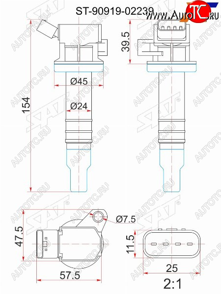 1 099 р. Катушка зажигания TOYOTA 1ZZ-FE 00- ZZE12#ZZT24#ZZV50ZCT10ZCA2#1KR-FE 04- KSP9#KGC1#3SG-G# SX SAT ST-90919-02239  с доставкой в г. Майкоп