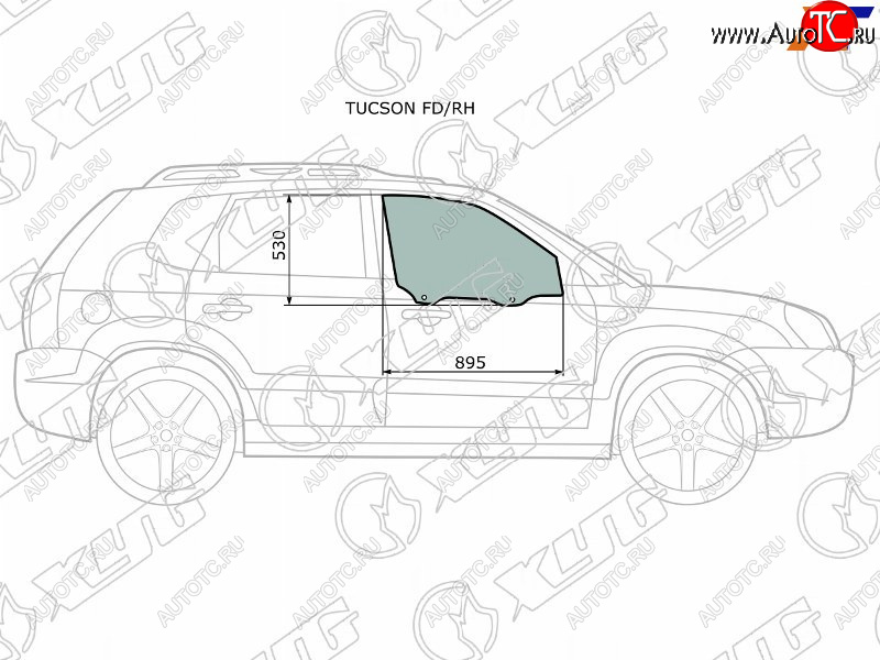 2 789 р. Стекло боковое опускное (Спереди Справа Цвет зеленый) Hyundai Tucson 04-09 XYG TUCSON FD/RH  с доставкой в г. Майкоп