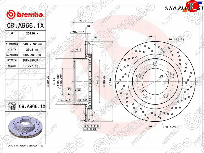 11 749 р. Тормозной передний диск (Ø340) BREMBO  Toyota Land Cruiser 200 дорестайлинг (2007-2012)  с доставкой в г. Майкоп