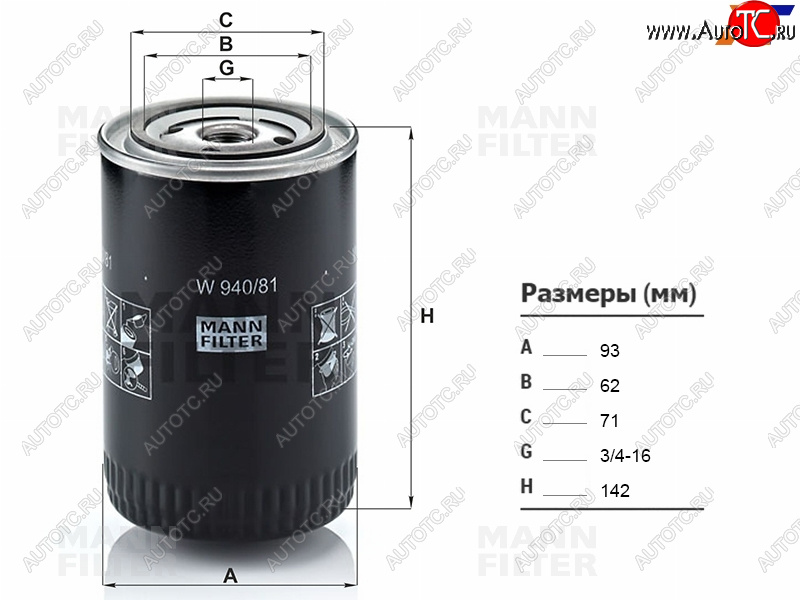 1 039 р. Фильтр масляный TOYOTA L,3L,2L,2LT,3V,4V,4,5VEU,4VU,2B,3B,11B,13B,2J,1FZFE -99 MANN W940/81  с доставкой в г. Майкоп