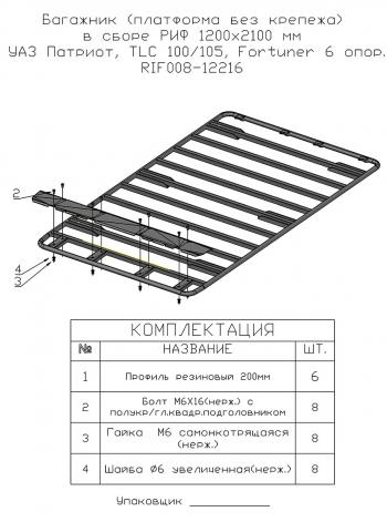 20 899 р. Багажник (платформа без крепежа) в сборе РИФ 1200x2100 мм УАЗ Патриот, TLC 80100105, Fortuner 6 опор. РИФ-обвес rif008-12216  с доставкой в г. Майкоп. Увеличить фотографию 2