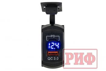 1 699 р. Розетка USB Type PD, QC 3.0 с вольтметром, синяя подсветка РИФ rif22-4-41480  с доставкой в г. Майкоп. Увеличить фотографию 4