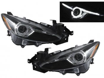 Комплект передних линзованых фар со светящимся ободком EAGLE EYES Mazda 3/Axela  BM (2013-2019) дорестайлинг седан, дорестайлинг, хэтчбэк, рестайлинг седан, рестайлинг, хэтчбэк (черные)
