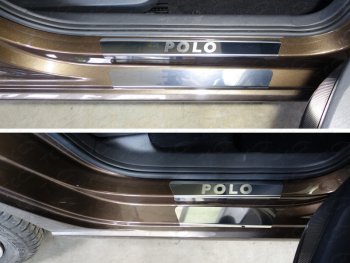 Накладки на пороги внешние и внутренние (8 шт) ТСС Тюнинг Volkswagen Polo  5 (2015-2020) седан рестайлинг, хэтчбек рестайлинг (лист зеркальный надпись Polo)