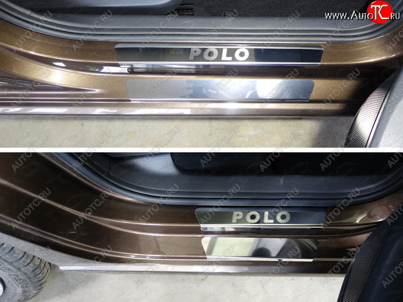 1 000 000 р. Накладки на пороги внешние и внутренние (8 шт) ТСС Тюнинг  Volkswagen Polo  5 (2015-2020) седан рестайлинг, хэтчбек рестайлинг (лист зеркальный надпись Polo)  с доставкой в г. Майкоп