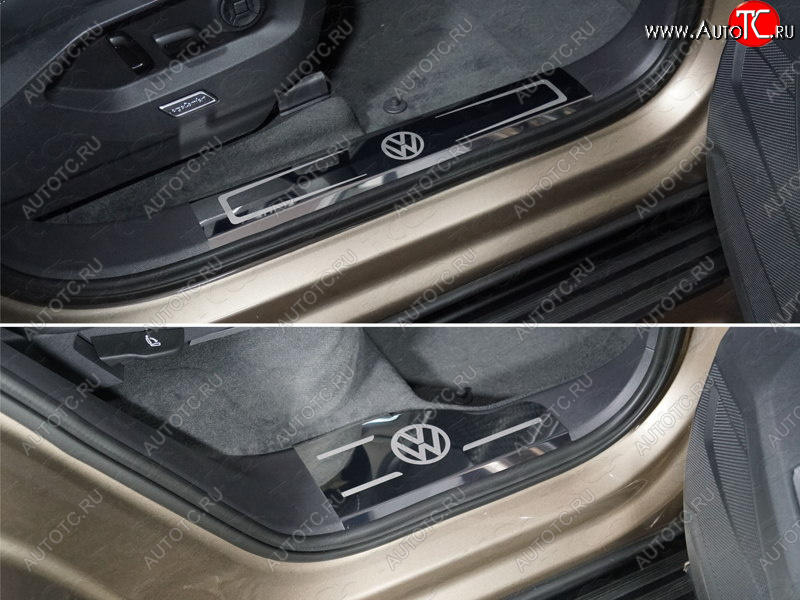 5 599 р. Накладки на пластиковые пороги (4шт) ТСС Тюнинг  Volkswagen Touareg  CR (2018-2025) (лист зеркальный логотип VW)  с доставкой в г. Майкоп