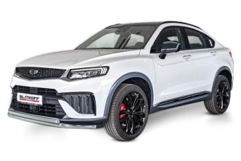 Защита переднего бампера d57+d57 двойная Slitkoff Geely Tugella  FY11,HPBA4 (2022-2025) рестайлинг (Сталь с полимерным покрытием в цвет серебристый)