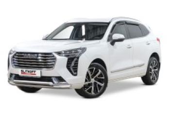 Защита переднего бампера d57+d57 двойная Slitkoff Haval Jolion (2020-2024) дорестайлинг (Сталь с полимерным покрытием в цвет серебристый)