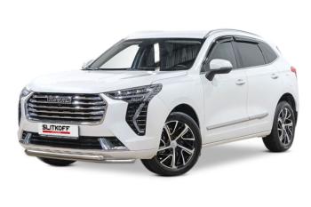 Защита переднего бампера d42+d42 двойная Slitkoff Haval Jolion (2020-2024) дорестайлинг (Сталь с полимерным покрытием в цвет серебристый)