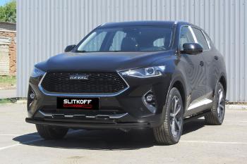 Защита переднего бампера d57 + d42 Slitkoff Haval F7x дорестайлинг (2019-2022) (нержавейка с полимерным покрытием в цвет черный)