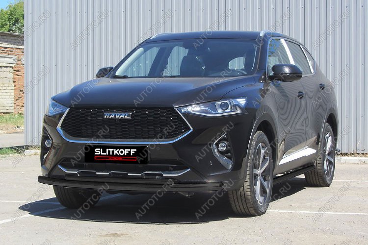13 899 р. Защита переднего бампера d57 + d42 Slitkoff Haval F7  дорестайлинг (2018-2022) (нержавейка с полимерным покрытием в цвет черный)  с доставкой в г. Майкоп