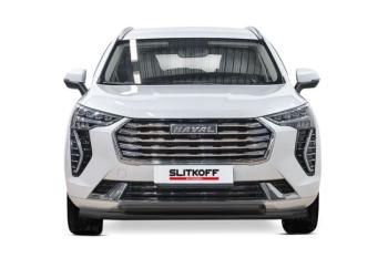 Защита переднего бампера d57+d57 двойная 2WD Slitkoff Haval Jolion (2020-2024) дорестайлинг (нержавейка с полимерным покрытием в цвет черный)