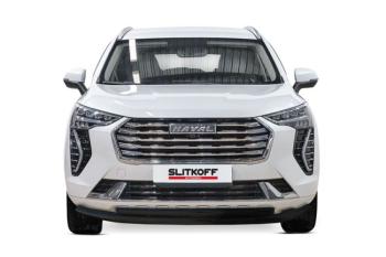 Защита переднего бампера d57 + d42 (2WD) Slitkoff Haval Jolion (2020-2024) дорестайлинг (нержавейка с полимерным покрытием в цвет черный)