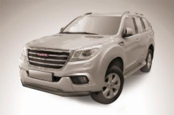Защита переднего бампера d76+d57 двойная Slitkoff Haval H9 1-ый рестайлинг (2017-2019) (нержавейка с полимерным покрытием в цвет черный)