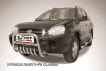 Защита переднего бампера кенгурятник d76 высокий c защитой картера Slitkoff Hyundai Santa Fe  SM (2000-2012) (нержавейка с полимерным покрытием в цвет черный)