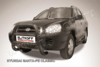 Защита переднего бампера кенгурятник d76 высокий Slitkoff Hyundai Santa Fe  SM (2000-2012) (нержавейка с полимерным покрытием в цвет черный)