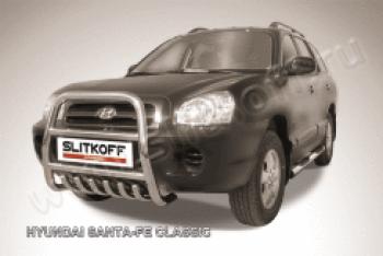 Защита переднего бампера кенгурятник d57 высокий с защитой картера Sitkoff Hyundai Santa Fe  SM (2000-2012) (нержавейка с полимерным покрытием в цвет черный)