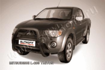 Защита переднего бампера кенгурятник d76 высокий (Triton) Slitkoff Mitsubishi L200  4 (2006-2014)  дорестайлинг (нержавейка с полимерным покрытием в цвет черный)