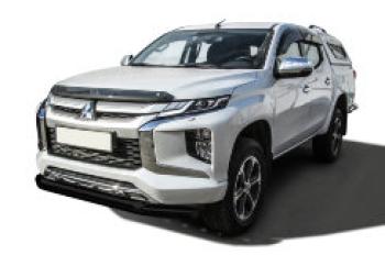 Защита переднего бампера d76+d57 двойная Slitkoff Mitsubishi L200  5 KK,KL (2018-2022) рестайлинг (нержавейка с полимерным покрытием в цвет черный)