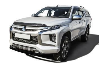 Защита переднего бампера d57+d42 двойная Slitkoff Mitsubishi L200  5 KK,KL (2018-2022) рестайлинг (нержавейка с полимерным покрытием в цвет черный)
