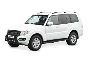 Защита переднего бампера кенгурятник d76 высокий с защитой картера Slitkoff Mitsubishi Pajero ( 4 V90,  4 V80) (2006-2020) дорестайлинг, 1-ый рестайлинг, 3 дв. 1-ый рестайлинг, 2-ой рестайлинг (нержавейка с полимерным покрытием в цвет черный)