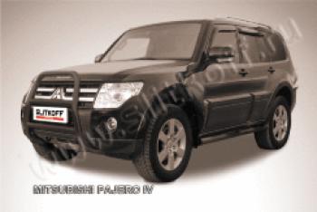 Защита переднего бампера кенгурятник d57 высокий с защитой картера Slitkoff Mitsubishi Pajero 4 V80 3 дв. 1-ый рестайлинг (2011-2014) (нержавейка с полимерным покрытием в цвет черный)