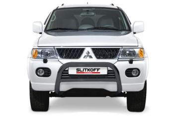 Защита переднего бампера кенгурятник d76 низкий Slitkoff Mitsubishi Pajero Sport  PA (2004-2008) рестайлинг (нержавейка с полимерным покрытием в цвет черный)