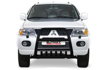 Защита переднего бампера кенгурятник d57 высокий с защитой картера Slitkoff Mitsubishi Pajero Sport PA рестайлинг (2004-2008) (нержавейка с полимерным покрытием в цвет черный)