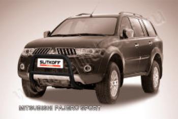 Защита переднего бампера кенгурятник d57 низкий Slitkoff Mitsubishi Pajero Sport  PA (2004-2008) рестайлинг (нержавейка с полимерным покрытием в цвет черный)