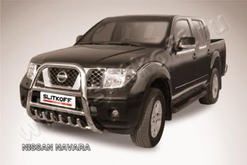 Защита переднего бампера кенгурятник d76 высокий с защитой картера Slitkoff Nissan Navara  2 D40 (2004-2016) дорестайлинг, рестайлинг (нержавейка с полимерным покрытием в цвет черный)