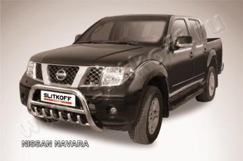 Защита переднего бампера кенгурятник d76 низкий с защитой картера Slitkoff Nissan Navara  2 D40 (2004-2016) дорестайлинг, рестайлинг (нержавейка с полимерным покрытием в цвет черный)