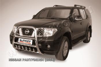 Защита переднего бампера кенгурятник d76 высокий с защитой картера Slitkoff Nissan Pathfinder  R51 (2004-2007) дорестайлинг (нержавейка с полимерным покрытием в цвет черный)