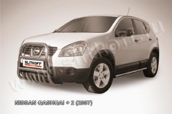 Защита переднего бампера кенгурятник d57 высокий с защитой картера Slitkoff Nissan Qashqai +2 1 J10 дорестайлинг (2008-2010) (нержавейка с полимерным покрытием в цвет черный)