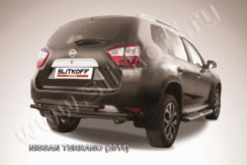 Защита заднего бампера d76+d42 двойная Slitkoff Nissan Terrano  D10 (2013-2022) дорестайлинг, рестайлинг (нержавейка с полимерным покрытием в цвет черный)