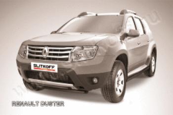 Защита переднего бампера d42+d42 двойная Slitkoff Renault Duster  HS (2010-2015) дорестайлинг (нержавейка с полимерным покрытием в цвет черный)