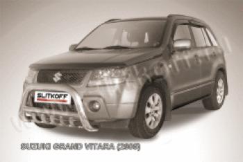 Защита переднего бампера кенгурятник d76 низкий с защитой картера Slitkoff Suzuki Grand Vitara ( JT 5 дверей,  JT 3 двери) (2005-2008) дорестайлинг (нержавейка с полимерным покрытием в цвет черный)