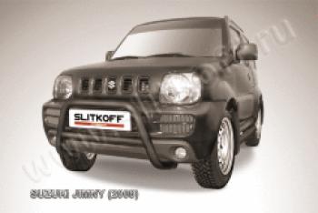 Защита переднего бампера кенгурятник d57 низкий Slitkoff Suzuki Jimny  JB23/JB43 (1998-2018) дорестайлинг, 1-ый рестайлинг, 2-ой рестайлинг (нержавейка с полимерным покрытием в цвет черный)