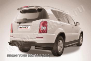 Защита заднего бампера уголки двойные d76+d42 Slitkoff SSANGYONG Rexton  Y290 (2012-2017) (нержавейка с полимерным покрытием в цвет черный)