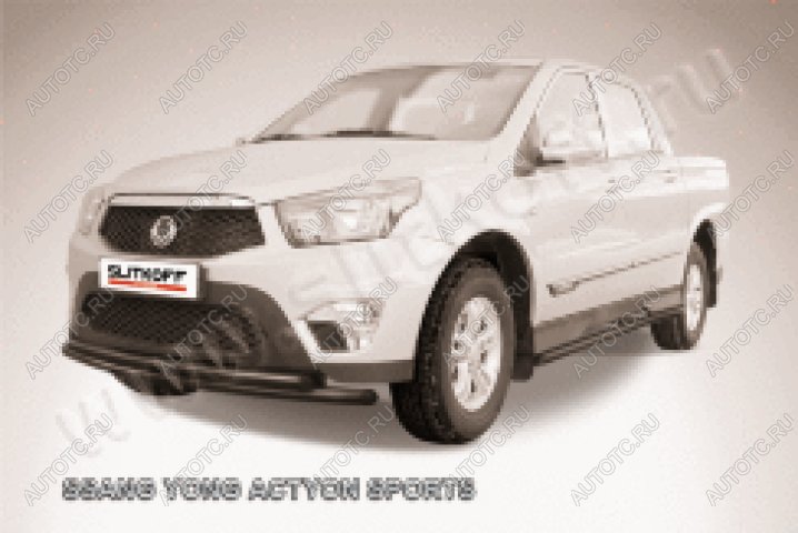 13 999 р. Защита переднего бампера d57+d57 двойная радиусная Slitkoff  SSANGYONG Actyon Sport (2012-2025) (нержавейка с полимерным покрытием в цвет черный)  с доставкой в г. Майкоп