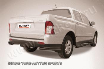 Защита заднего бампера уголки двойные d76+d42 Slitkoff SSANGYONG Actyon Sport (2012-2025) (нержавейка с полимерным покрытием в цвет черный)