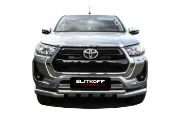 Защита переднего бампера d76+d57 двойная с профильной ЗК Slitkoff Toyota Highlander  XU70 (2020-2025) (нержавейка с полимерным покрытием в цвет черный)
