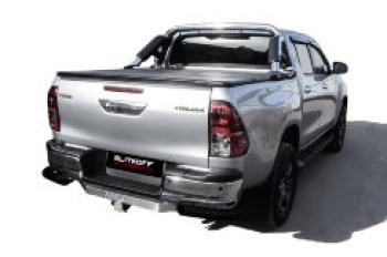 Защита заднего бампера уголки d76 Slitkoff Toyota Hilux  AN120 (2020-2025) 2-ой рестайлинг (нержавейка с полимерным покрытием в цвет черный)