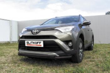 Защита переднего бампера d57+d42 двойная Slitkoff Toyota RAV4  XA50 (2018-2025) 5 дв. дорестайлинг (нержавейка с полимерным покрытием в цвет черный)