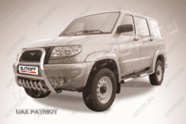 29 999 р. Защита переднего бампера кенгурятник d76 высокий с защитой картера Slitkoff  Уаз Патриот  3163 5 дв. (2005-2013) дорестайлинг (нержавейка с полимерным покрытием в цвет черный)  с доставкой в г. Майкоп
